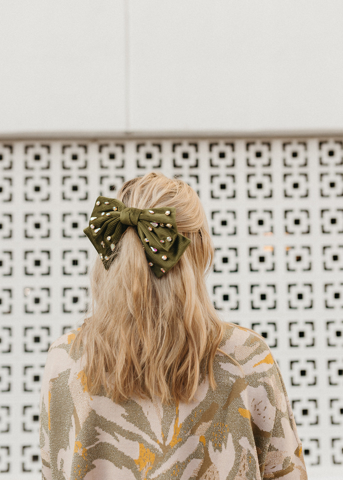 Velvet Rhinestone Bow in Olive - RESTOCK