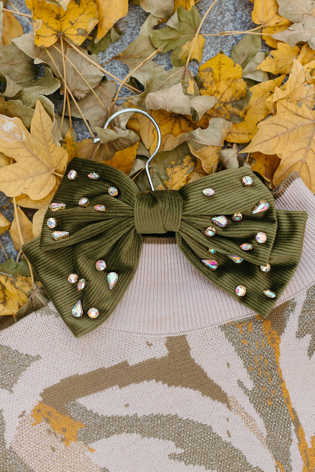 Velvet Rhinestone Bow in Olive - RESTOCK