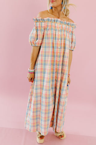 Natasha Plaid Off The Shoulder Maxi Dress