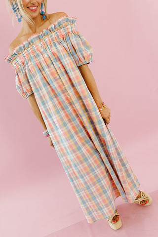 Natasha Plaid Off The Shoulder Maxi Dress