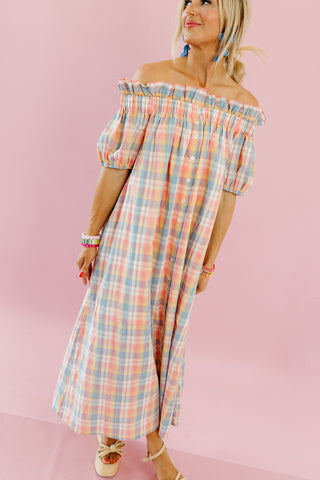 Natasha Plaid Off The Shoulder Maxi Dress