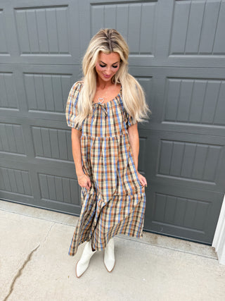 Jessica Plaid Puff Sleeve Midi Dress