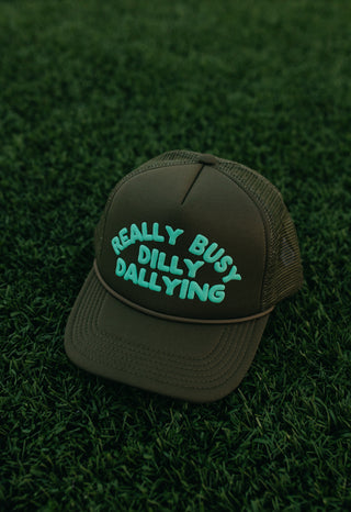 Really Busy Dilly Dallying Trucker Hat in Olive/Mint