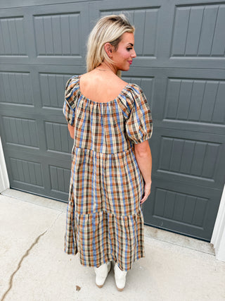 Jessica Plaid Puff Sleeve Midi Dress