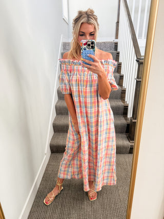 Natasha Plaid Off The Shoulder Maxi Dress