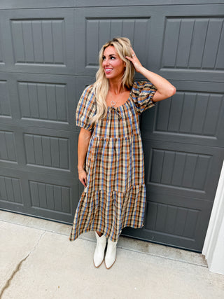 Jessica Plaid Puff Sleeve Midi Dress