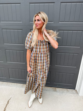 Jessica Plaid Puff Sleeve Midi Dress