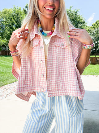 Kit Denim Cape Jacket in Pink Gingham