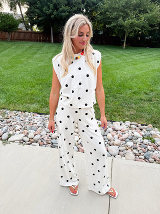 Lulu Knit Pant Set in Ivory and Black Polka Dot