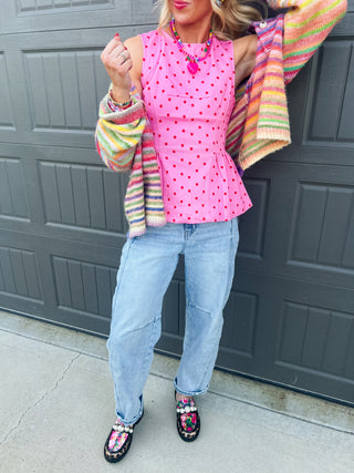 Sinclair Polka Dot Peplum Top in Pink/Red