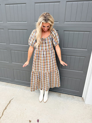 Jessica Plaid Puff Sleeve Midi Dress