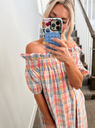 Natasha Plaid Off The Shoulder Maxi Dress