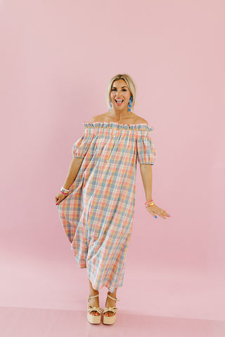 Natasha Plaid Off The Shoulder Maxi Dress