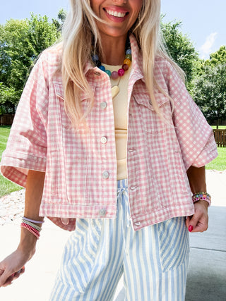 Kit Denim Cape Jacket in Pink Gingham