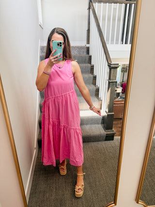 bubblegum pink midi dress Maggie Asymmetric Hem Midi Dress in Bubblegum