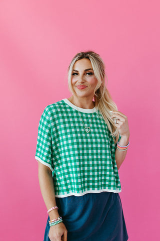 Evelyn Gingham Knit Short Sleeve Top in Green