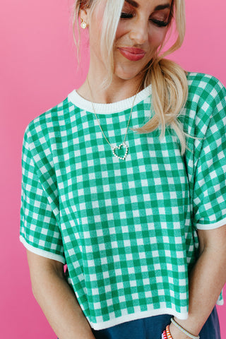 Evelyn Gingham Knit Short Sleeve Top in Green