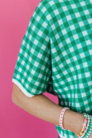 Evelyn Gingham Knit Short Sleeve Top in Green