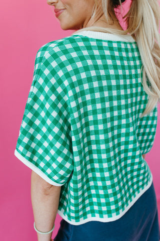 Evelyn Gingham Knit Short Sleeve Top in Green