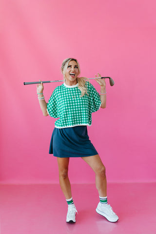 Evelyn Gingham Knit Short Sleeve Top in Green