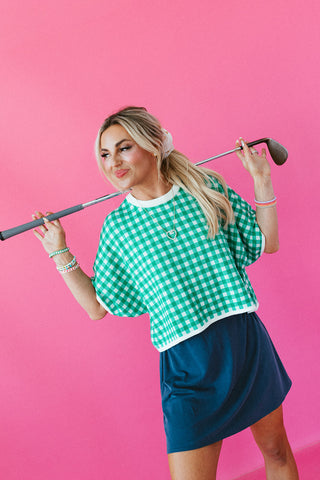 Evelyn Gingham Knit Short Sleeve Top in Green