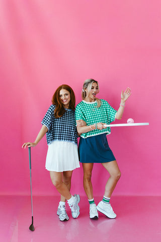 Evelyn Gingham Knit Short Sleeve Top in Navy