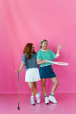 Evelyn Gingham Knit Short Sleeve Top in Green