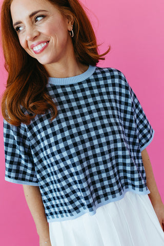Evelyn Gingham Knit Short Sleeve Top in Navy