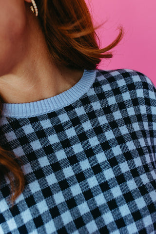 Evelyn Gingham Knit Short Sleeve Top in Navy