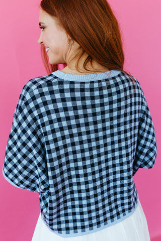 Evelyn Gingham Knit Short Sleeve Top in Navy