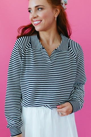 Kam Stripe Knit Polo Long Sleeve Top