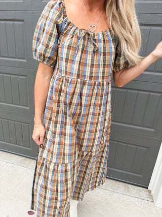 Jessica Plaid Puff Sleeve Midi Dress
