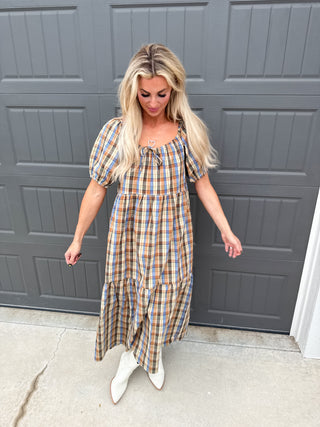 Jessica Plaid Puff Sleeve Midi Dress