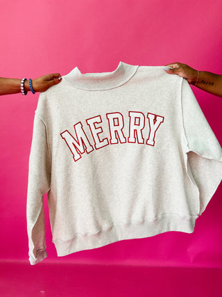 MERRY Embroidered Mock Neck in Heather Grey *PREORDER*