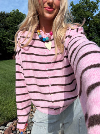 Piper Cardigan in Pink/Brown Stripe
