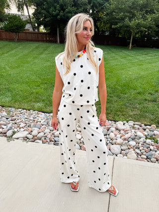 Lulu Knit Pant Set in Ivory and Black Polka Dot