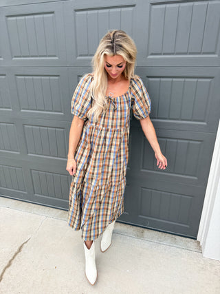 Jessica Plaid Puff Sleeve Midi Dress