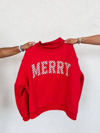 MERRY Embroidered Mock Neck in Red *PREORDER*