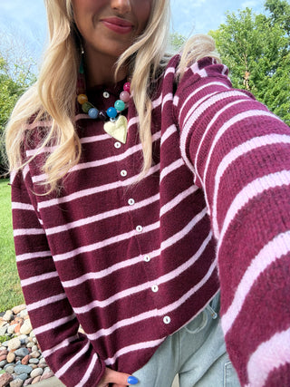 Piper Cardigan in Wine/Pink Stripe