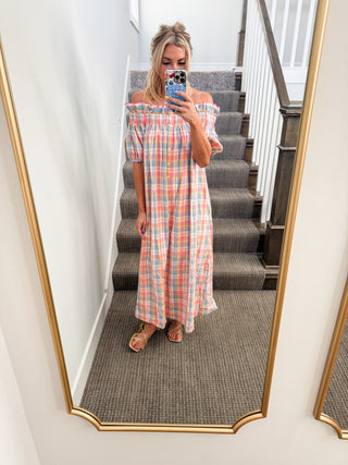 Natasha Plaid Off The Shoulder Maxi Dress