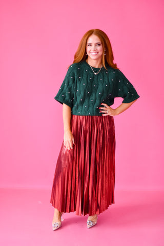Sofie Metallic Pleated Midi Skirt in Red