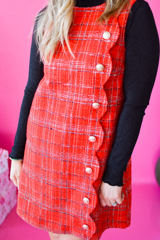 Andrea Tweed Scallop Shift Dress - Red