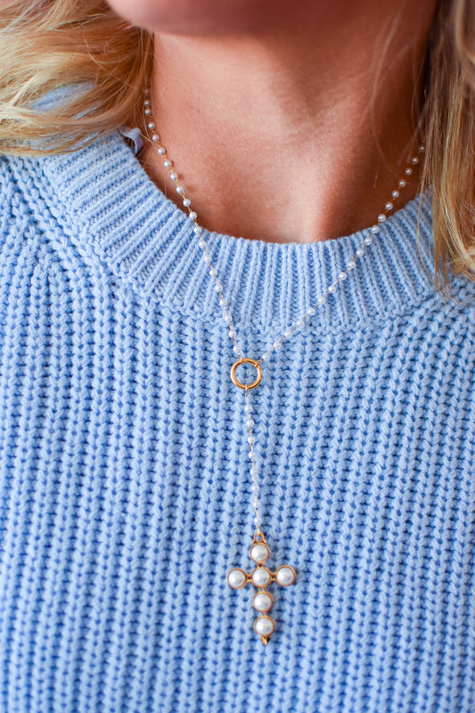 Lariat Pearl Cross Necklace