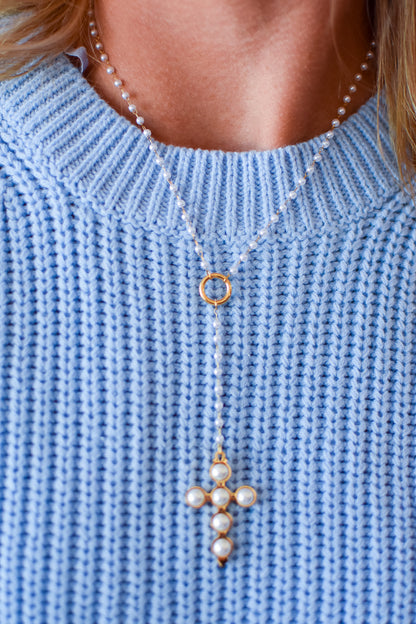 Lariat Pearl Cross Necklace