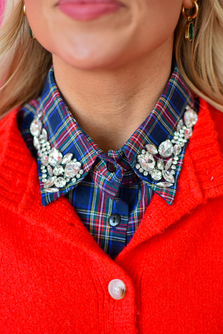 Navy Christmas Plaid Rhinestone Collar