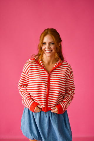 Tia Zip Up Hoodie in Red/Ivory