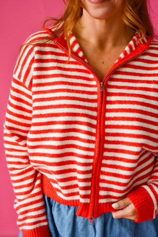 Tia Zip Up Hoodie in Red/Ivory