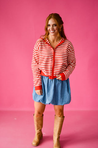 Tia Zip Up Hoodie in Red/Ivory