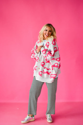 Taryn Bow Cardigan in Grey/Hot Pink