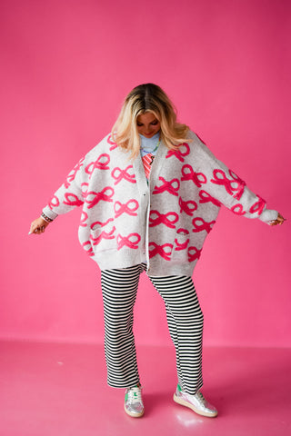 Taryn Bow Cardigan in Grey/Hot Pink